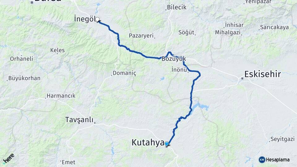 Kütahya İnegöl Bursa Arası Kaç Km - Yol Haritası