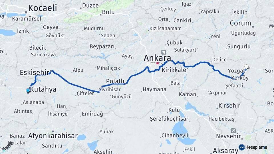 Kütahya İnli Arası Kaç Km - Yol Haritası