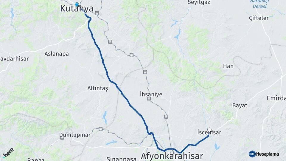Kütahya İscehisar Afyonkarahisar Arası Kaç Km - Yol Haritası
