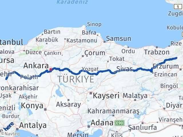 Kütahya İspir Erzurum Arası Kaç Km - Yol Haritası