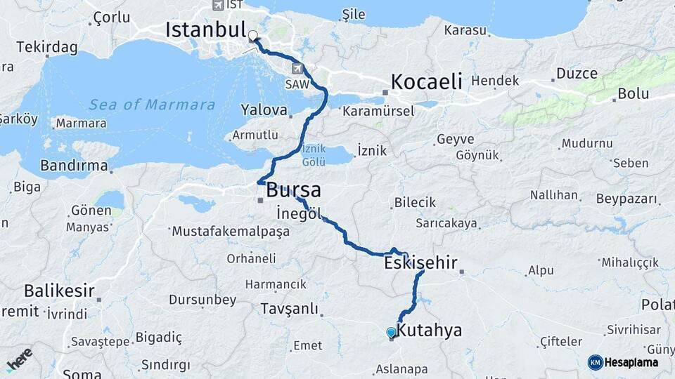 Kütahya İstanbul Arası Kaç Km - Yol Haritası