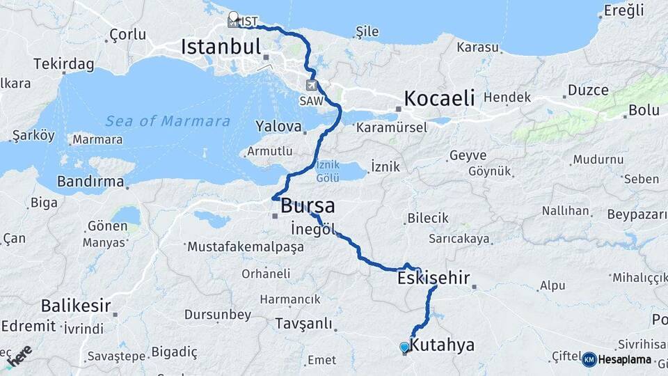 Kütahya İstanbul Havalimanı Arası Kaç Km - Yol Haritası