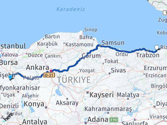Kütahya İyidere Rize Arası Kaç Km - Yol Haritası