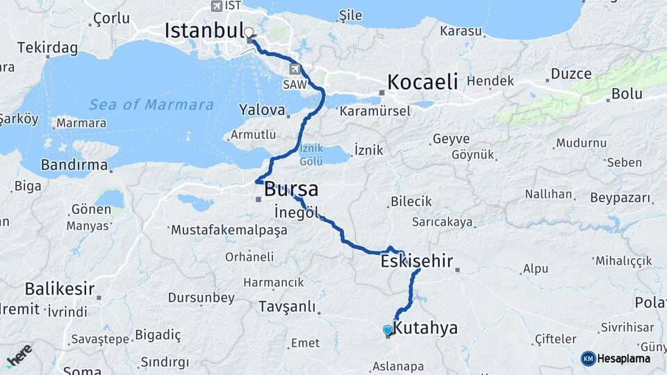 Kütahya Kağıthane İstanbul Arası Kaç Km - Yol Haritası