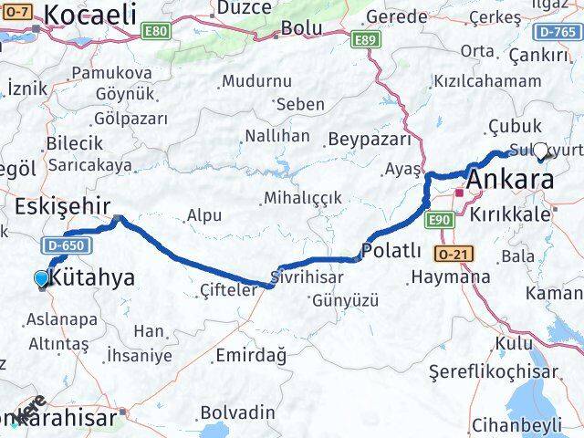 Kütahya Kalecik Ankara Arası Kaç Km - Yol Haritası