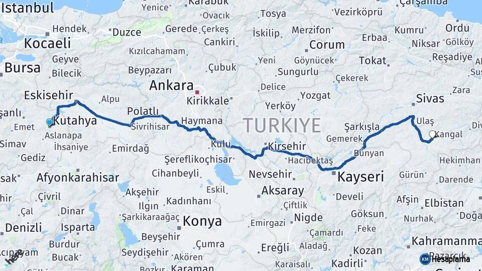 Kütahya Kangal Sivas Arası Kaç Km - Yol Haritası