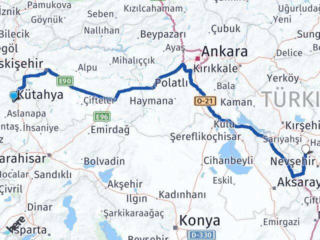 Kütahya Kapadokya Havalimanı Arası Kaç Km - Yol Haritası