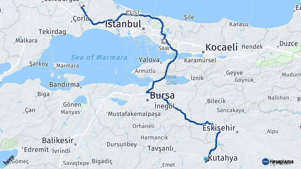 Kütahya Kapaklı Tekirdağ Arası Kaç Km - Yol Haritası