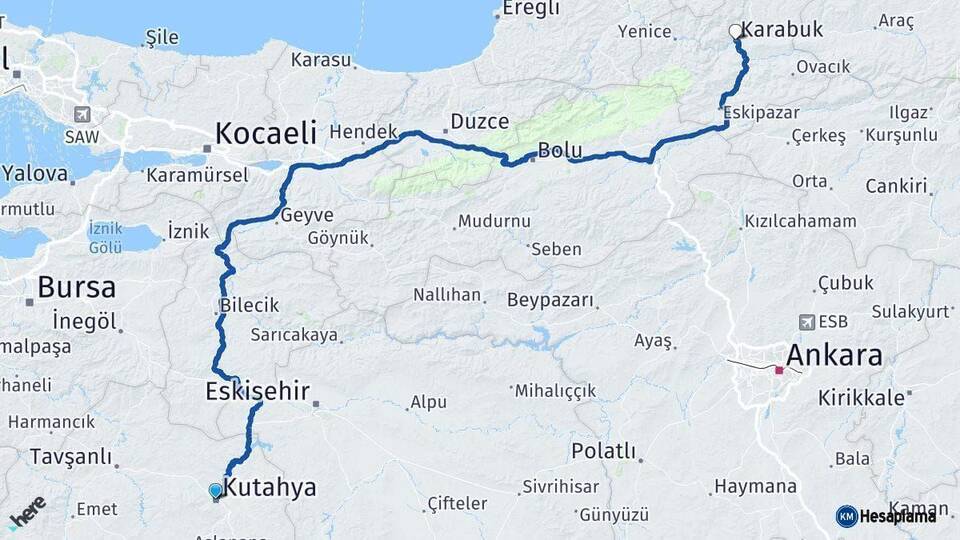 Kütahya Karabük Arası Kaç Km - Yol Haritası