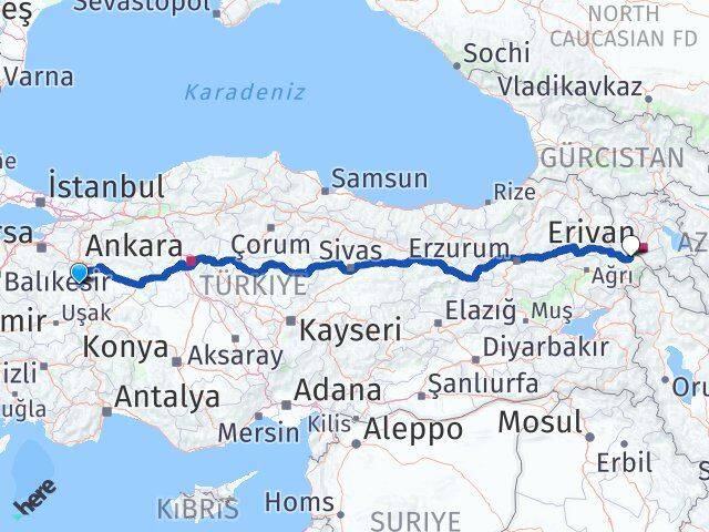 Kütahya Karakoyunlu Iğdır Arası Kaç Km - Yol Haritası