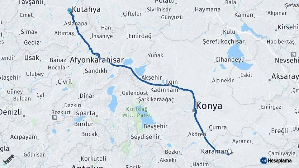 Kütahya Karaman Arası Kaç Km - Yol Haritası