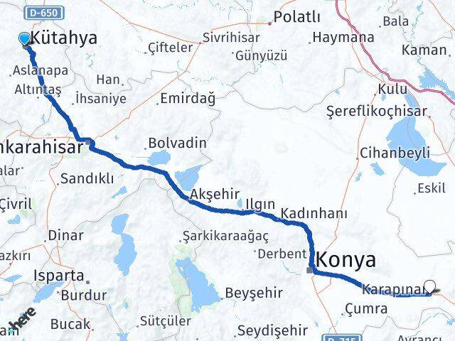 Kütahya Karapınar Konya Arası Kaç Km - Yol Haritası