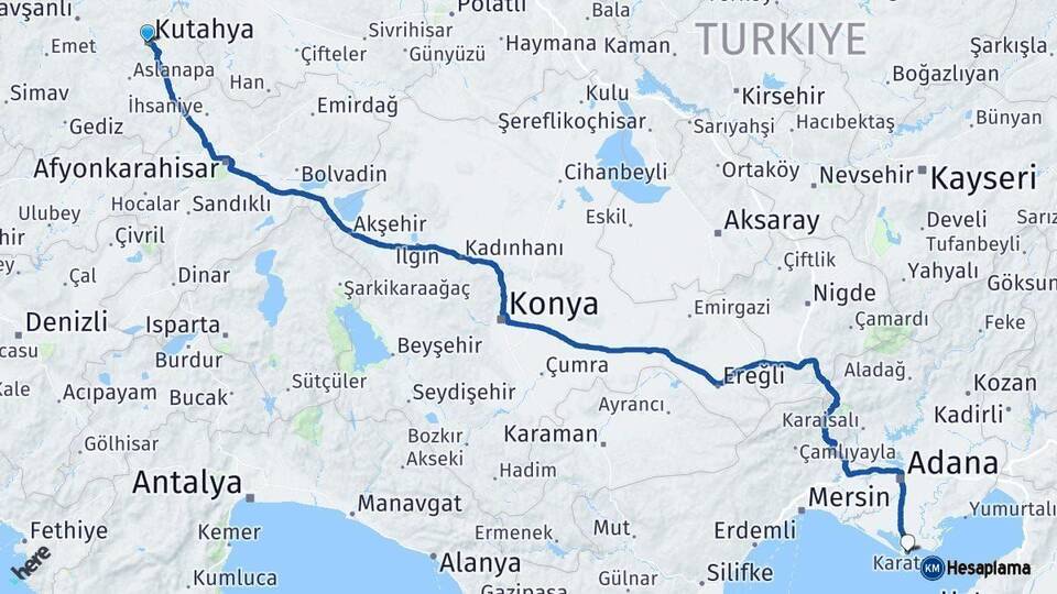 Kütahya Karataş Adana Arası Kaç Km - Yol Haritası