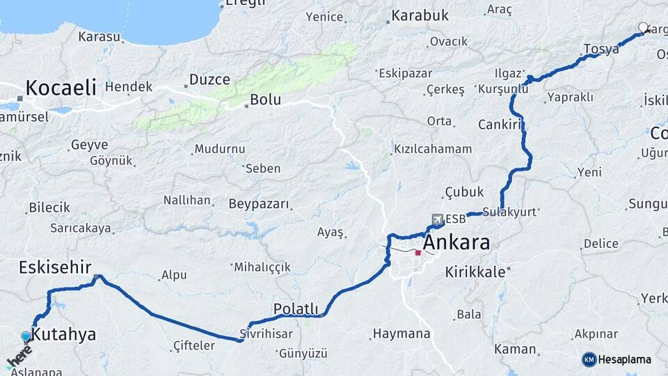 Kütahya Kargı Çorum Arası Kaç Km - Yol Haritası