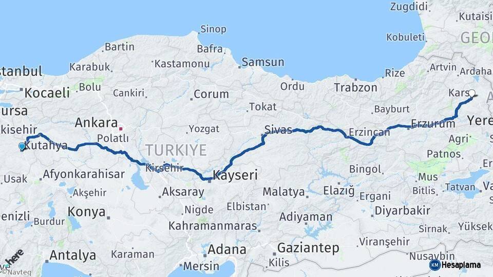 Kütahya Kars Arası Kaç Km - Yol Haritası