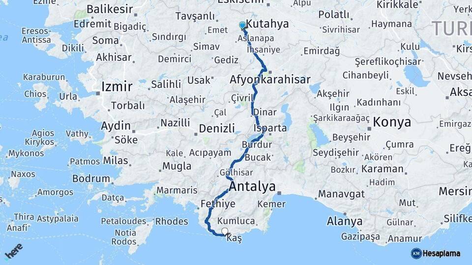 Kütahya Kaş Antalya Arası Kaç Km - Yol Haritası