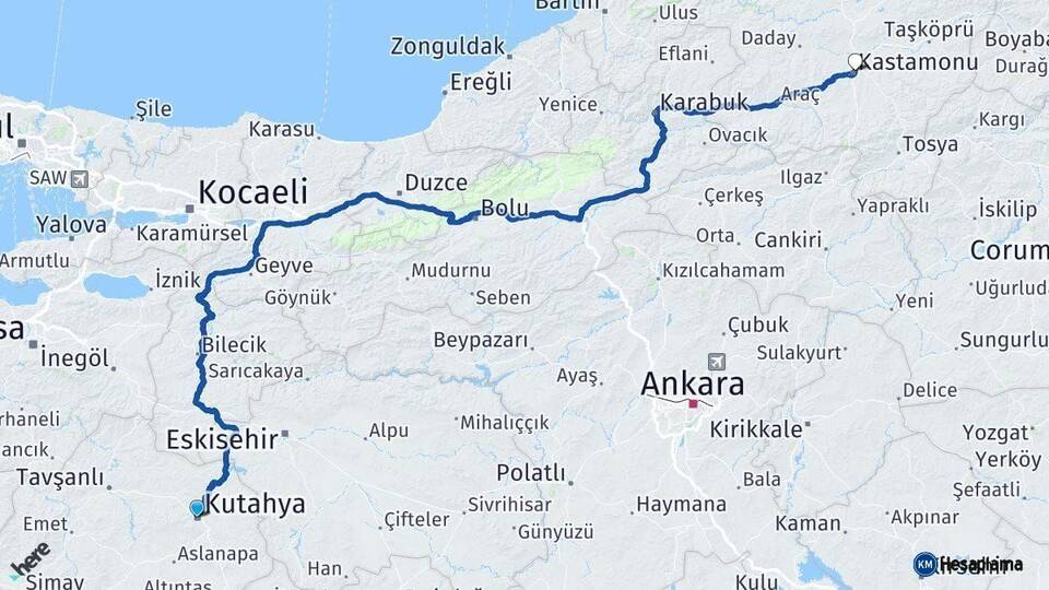 Kütahya Kastamonu Arası Kaç Km - Yol Haritası