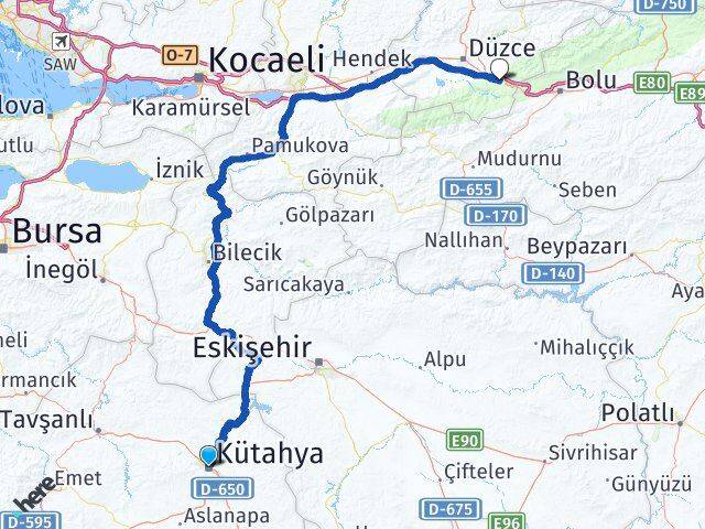 Kütahya Kaynaşlı Düzce Arası Kaç Km - Yol Haritası