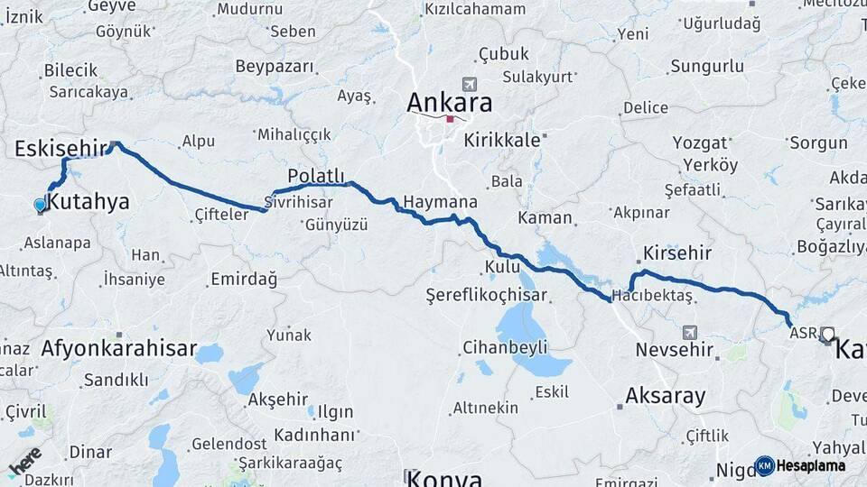 Kütahya Kayseri Arası Kaç Km - Yol Haritası