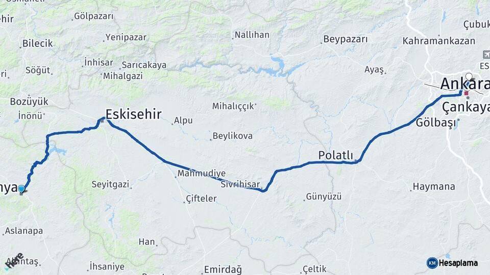 Kütahya Keçiören Ankara Arası Kaç Km - Yol Haritası
