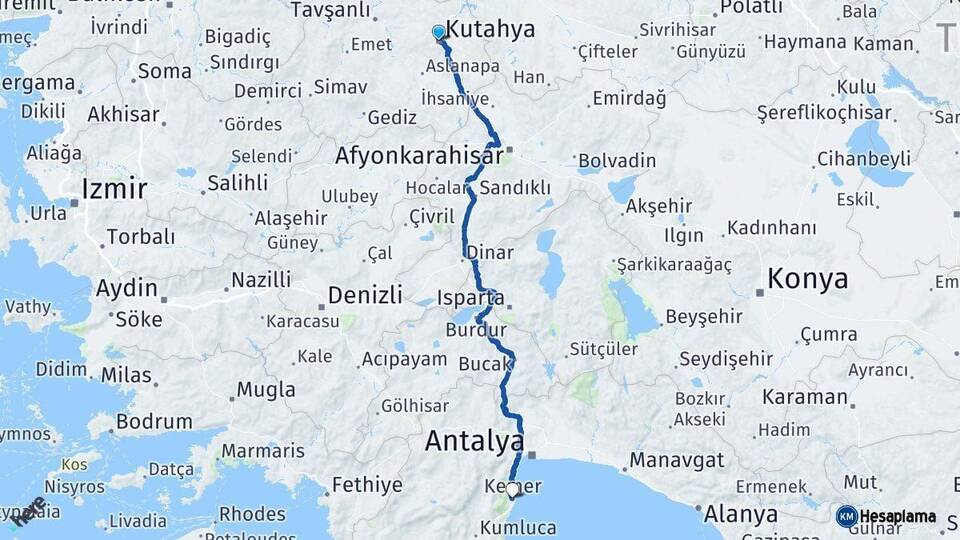 Kütahya Kemer Antalya Arası Kaç Km - Yol Haritası