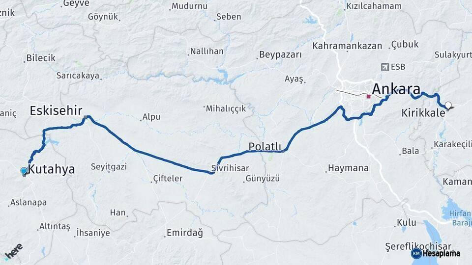 Kütahya Kırıkkale Arası Kaç Km - Yol Haritası