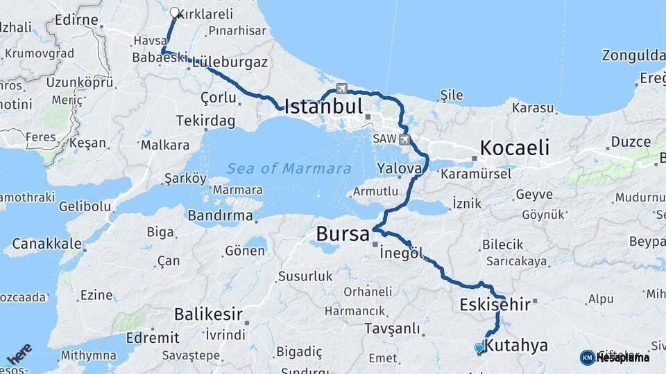 Kütahya Kırklareli Arası Kaç Km - Yol Haritası