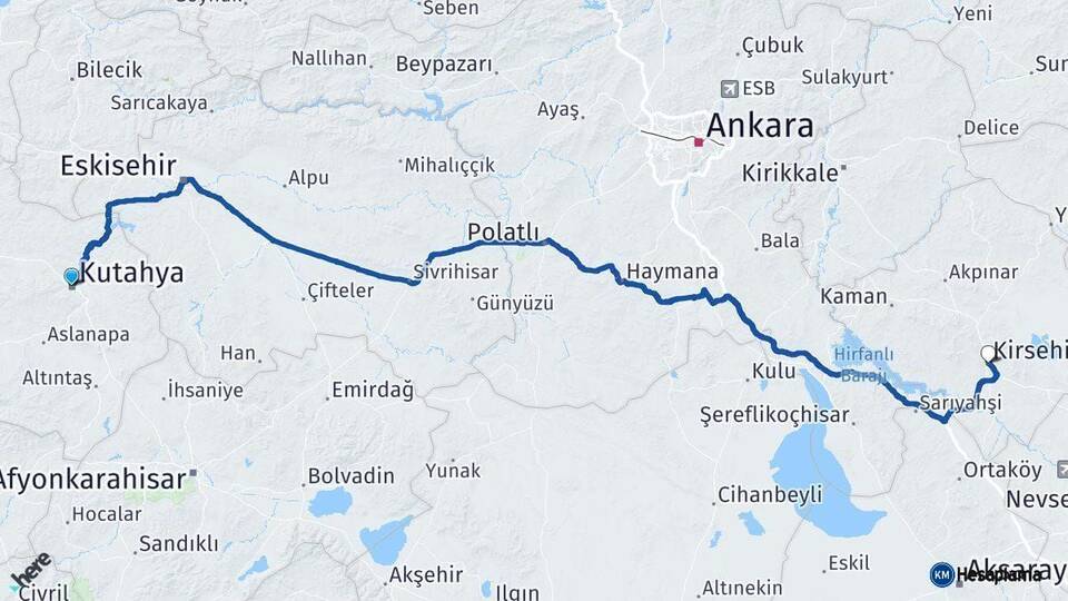 Kütahya Kırşehir Arası Kaç Km - Yol Haritası