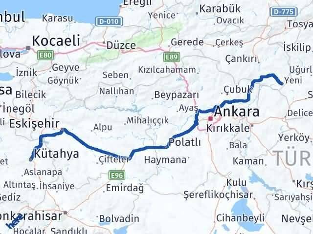 Kütahya Kızılırmak Çankırı Arası Kaç Km - Yol Haritası