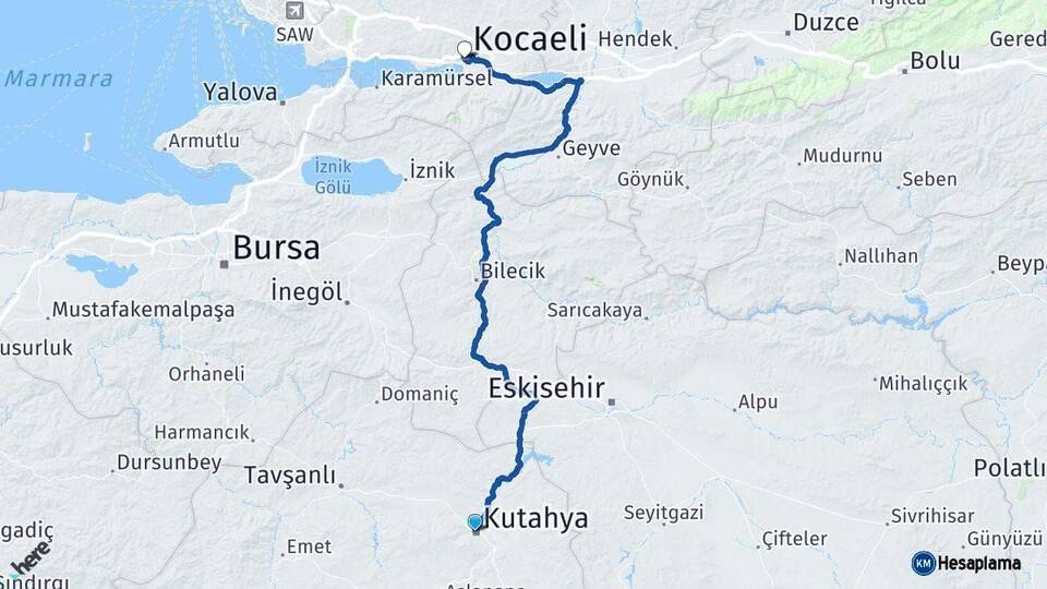 Kütahya Kocaeli Arası Kaç Km - Yol Haritası
