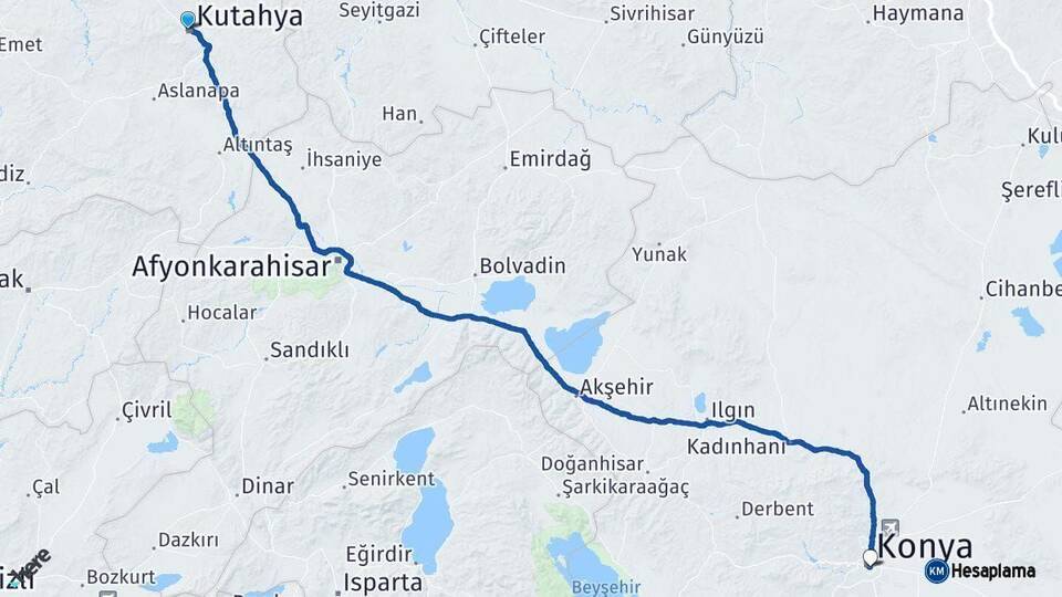 Kütahya Konya Arası Kaç Km - Yol Haritası