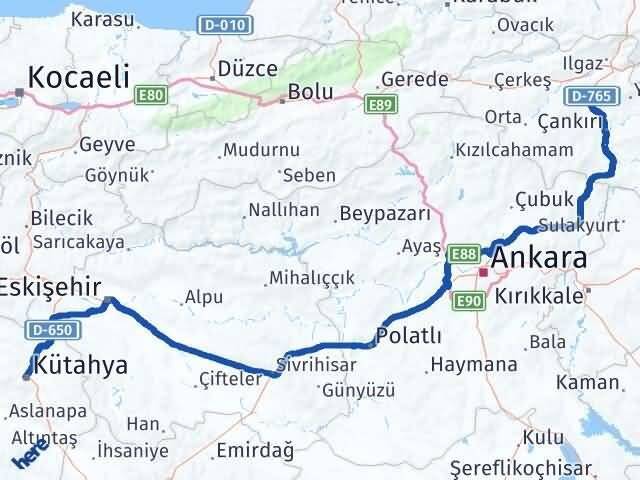 Kütahya Korgun Çankırı Arası Kaç Km - Yol Haritası