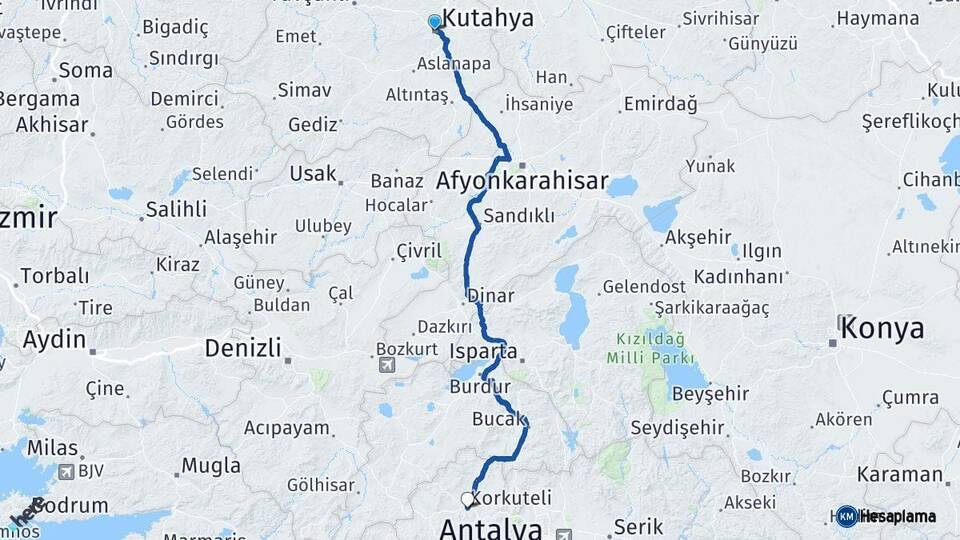 Kütahya Korkuteli Antalya Arası Kaç Km - Yol Haritası