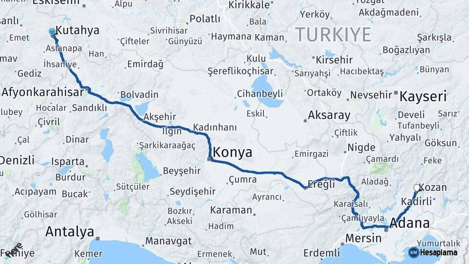 Kütahya Kozan Adana Arası Kaç Km - Yol Haritası