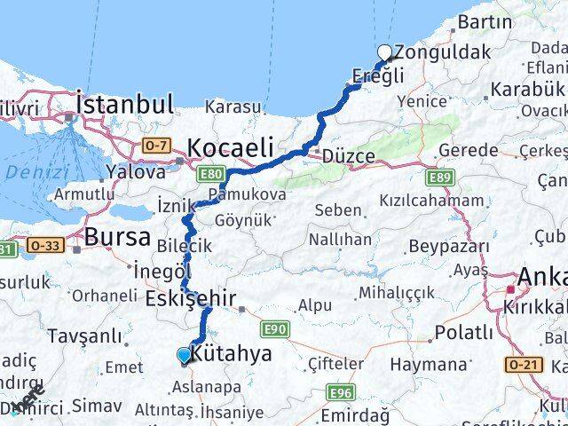Kütahya Kozlu Zonguldak Arası Kaç Km - Yol Haritası