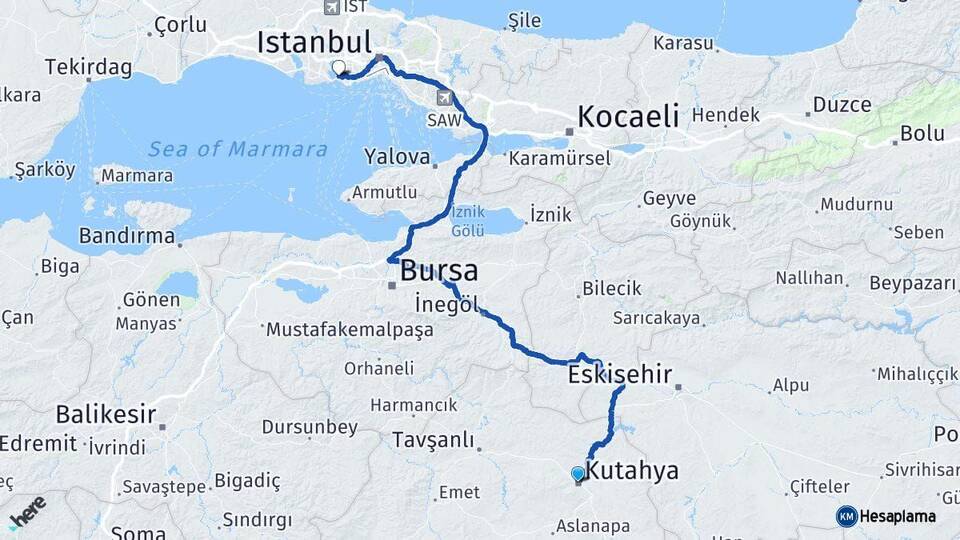Kütahya Küçükçekmece İstanbul Arası Kaç Km - Yol Haritası