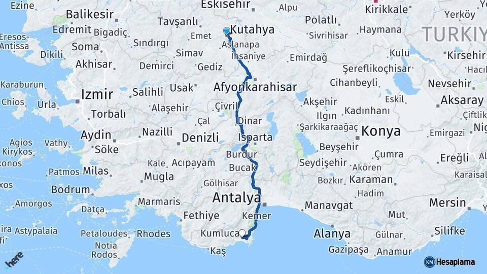 Kütahya Kumluca Antalya Arası Kaç Km - Yol Haritası
