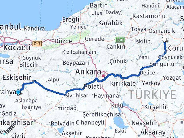 Kütahya Laçin Çorum Arası Kaç Km - Yol Haritası