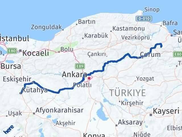 Kütahya Ladik Samsun Arası Kaç Km - Yol Haritası