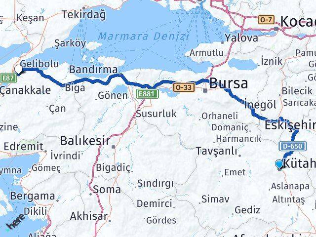 Kütahya Lapseki Çanakkale Arası Kaç Km - Yol Haritası