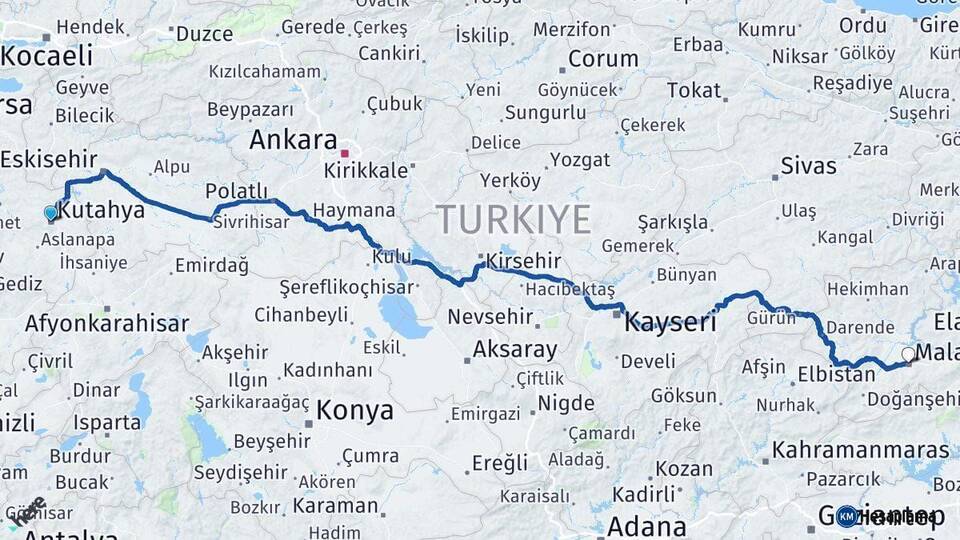 Kütahya Malatya Arası Kaç Km - Yol Haritası