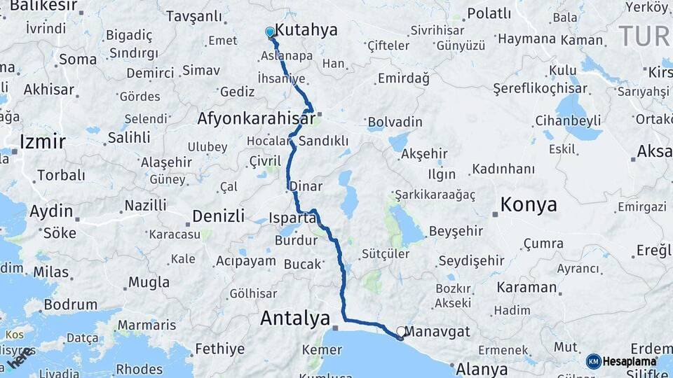 Kütahya Manavgat Antalya Arası Kaç Km - Yol Haritası