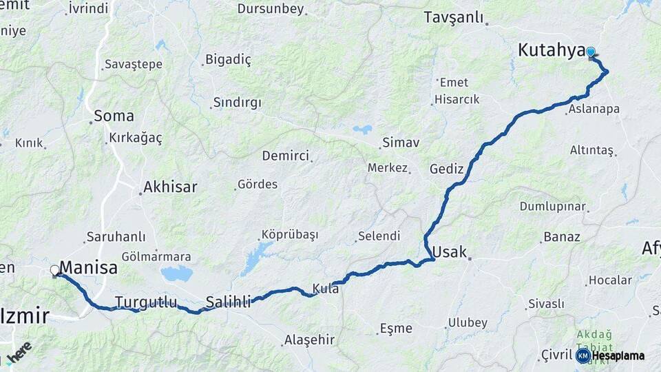 Kütahya Manisa Arası Kaç Km - Yol Haritası