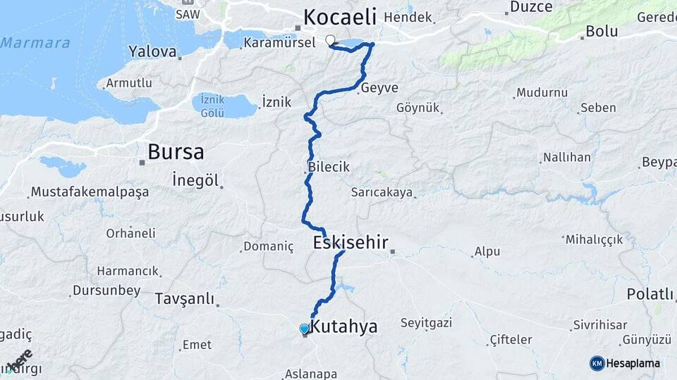 Kütahya Maşukiye Kartepe Kocaeli Arası Kaç Km - Yol Haritası