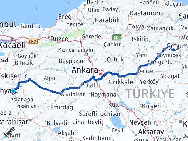 Kütahya Mecitözü Çorum Arası Kaç Km - Yol Haritası