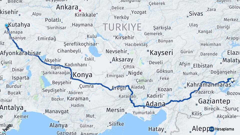 Kütahya Menzil Kahta Adıyaman Arası Kaç Km - Yol Haritası
