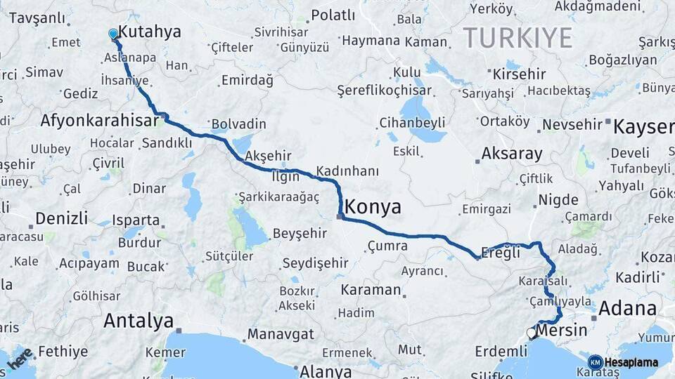 Kütahya Mersin Arası Kaç Km - Yol Haritası