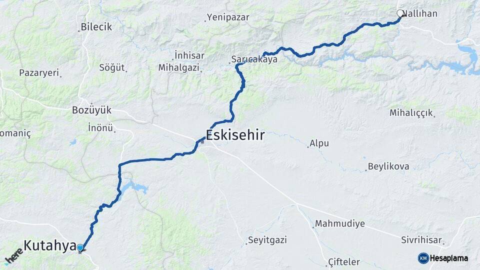 Kütahya Nallıhan Ankara Arası Kaç Km - Yol Haritası
