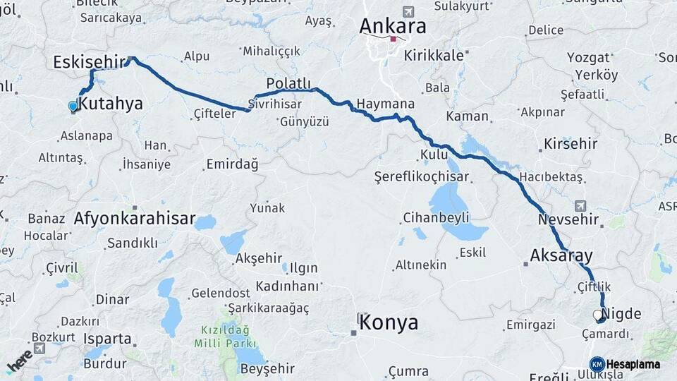 Kütahya Niğde Arası Kaç Km - Yol Haritası