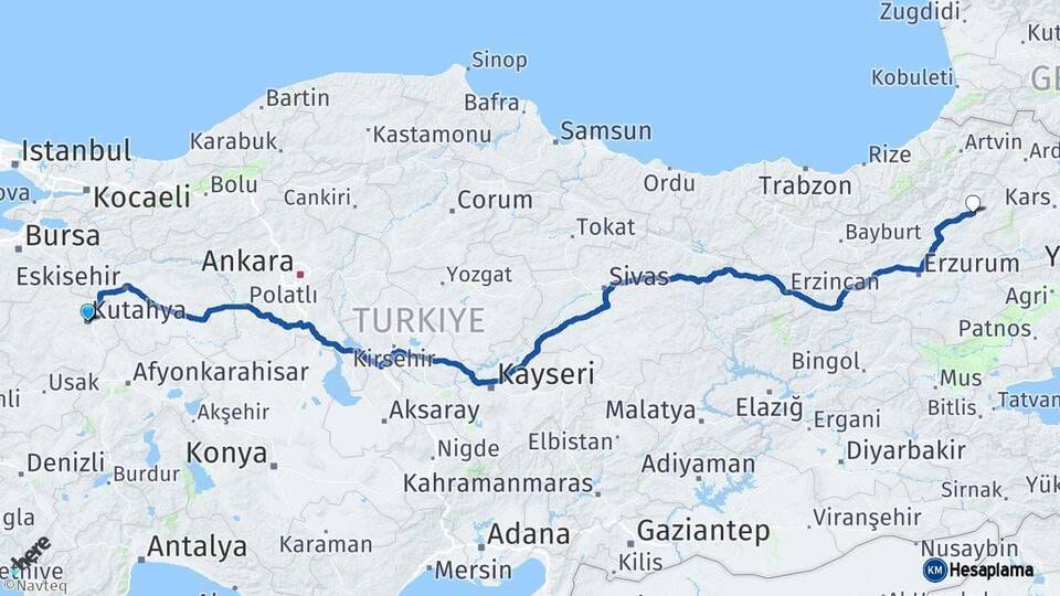 Kütahya Oltu Erzurum Arası Kaç Km - Yol Haritası